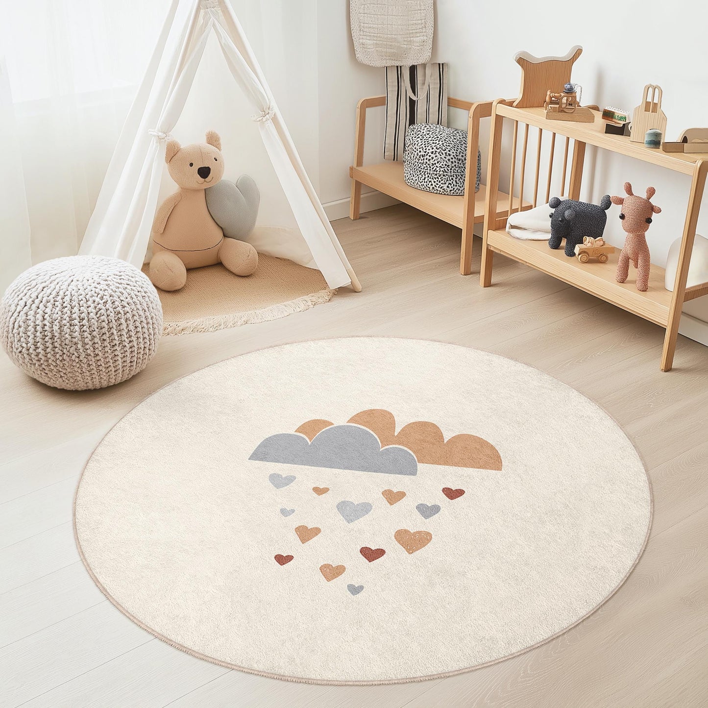 Clouds and Hearts Kids Rug: Soft Nursery Playroom Carpet