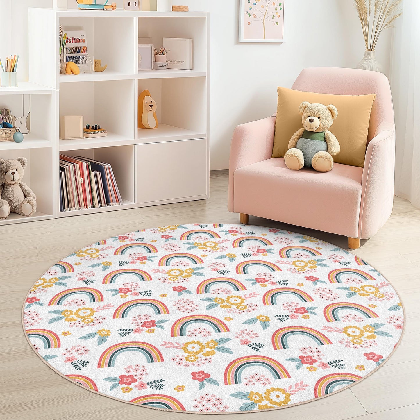 Rainbow Floral Round Area Rug: Kids Playroom Nursery Decor