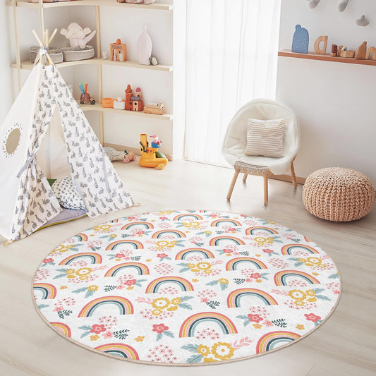 Rainbow Floral Round Area Rug: Kids Playroom Nursery Decor