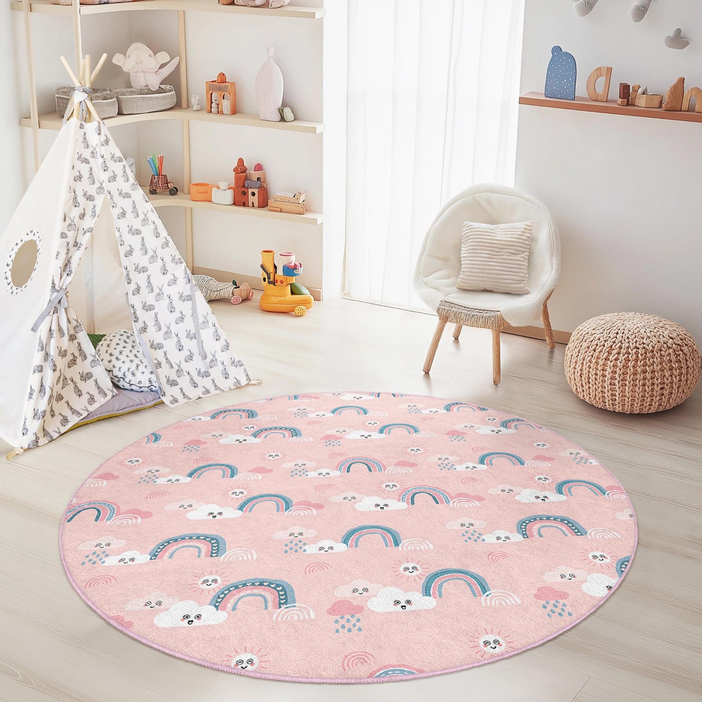 Rainbow Cloud Kids Rug: Soft Pink Nursery Playroom Carpet