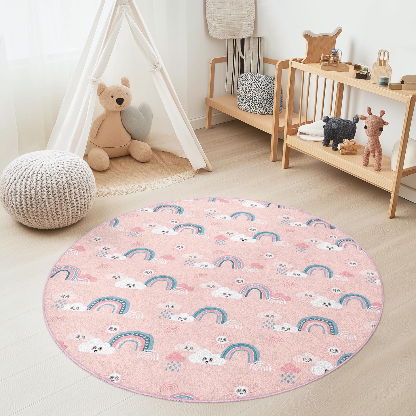 Rainbow Cloud Kids Rug: Soft Pink Nursery Playroom Carpet