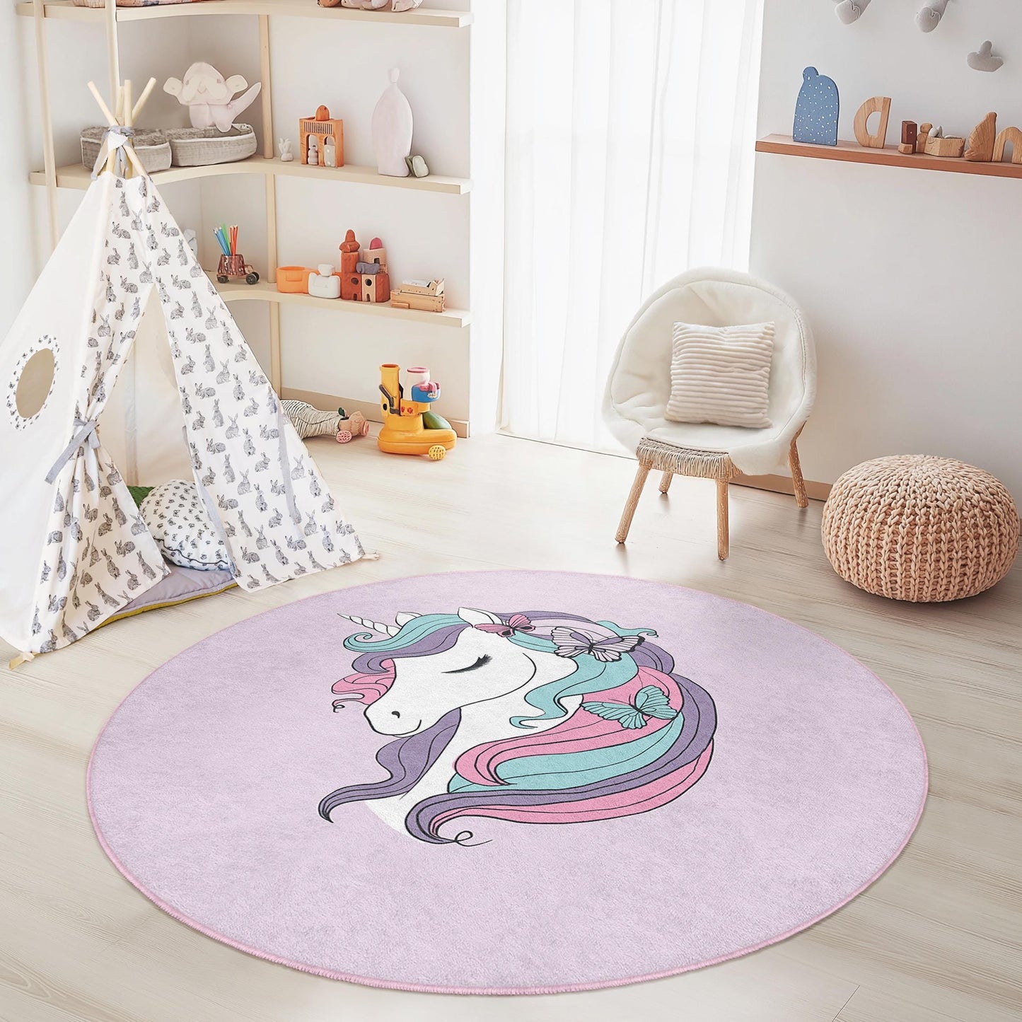 Unicorn Kids Play Rug: Round Nursery Carpet with Butterfly Design