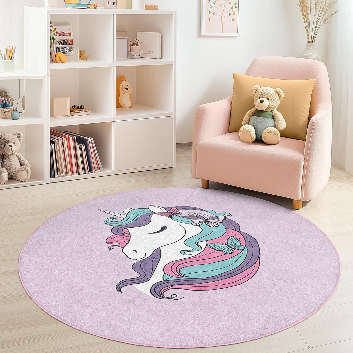 Unicorn Kids Play Rug: Round Nursery Carpet with Butterfly Design