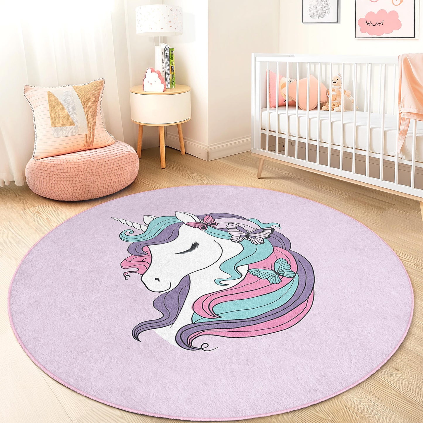 Unicorn Kids Play Rug: Round Nursery Carpet with Butterfly Design