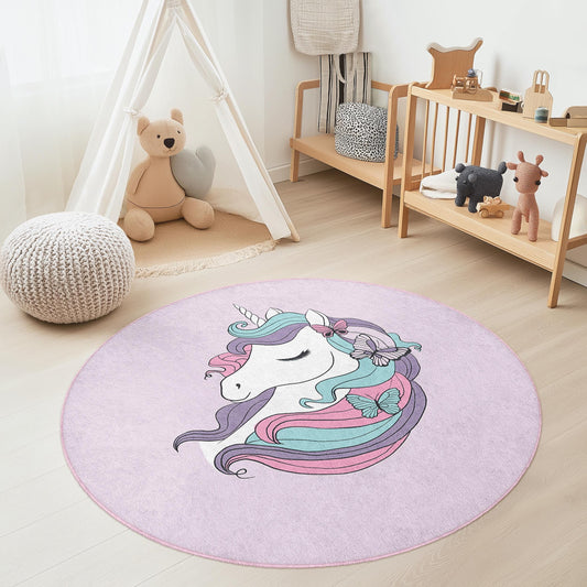 Unicorn Kids Play Rug: Round Nursery Carpet with Butterfly Design