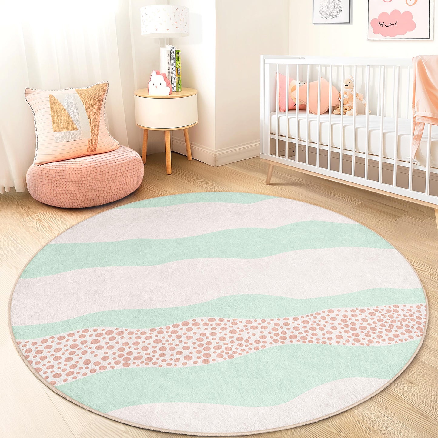 Pastel Waves Kids Rug: Soft Playroom Circle Carpet