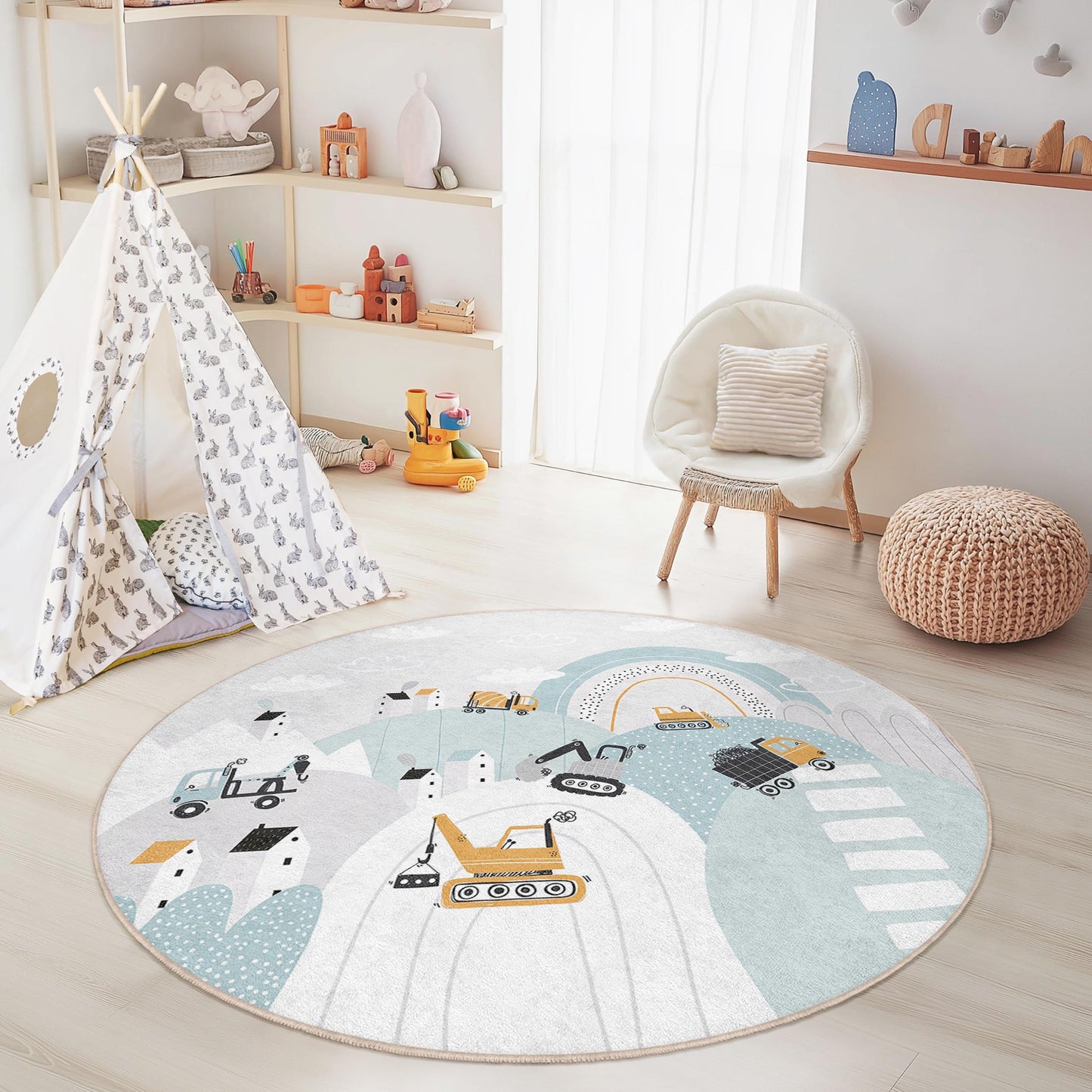 Construction Site Kids Rug: Playful Trucks, Soft Playroom Carpet