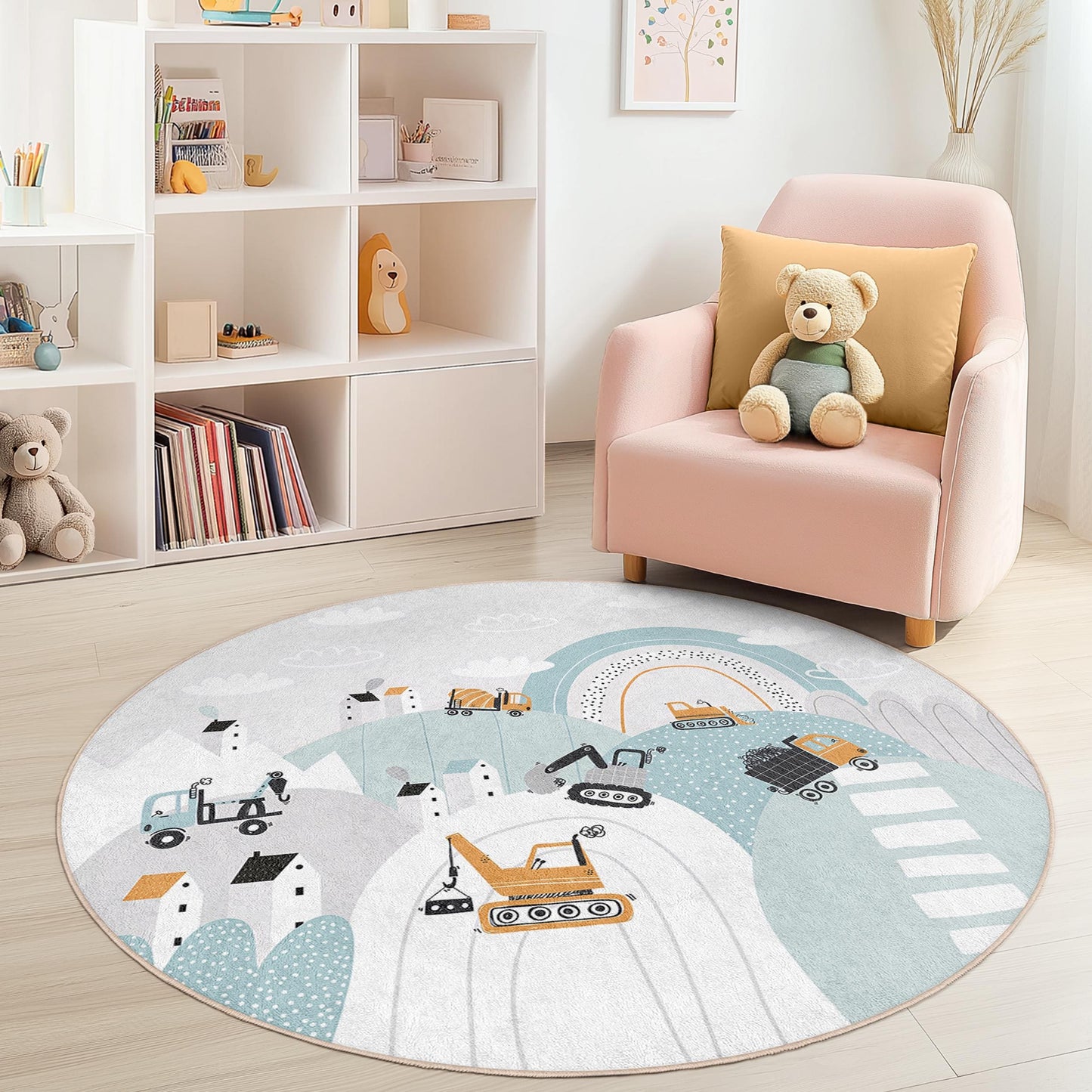 Construction Site Kids Rug: Playful Trucks, Soft Playroom Carpet