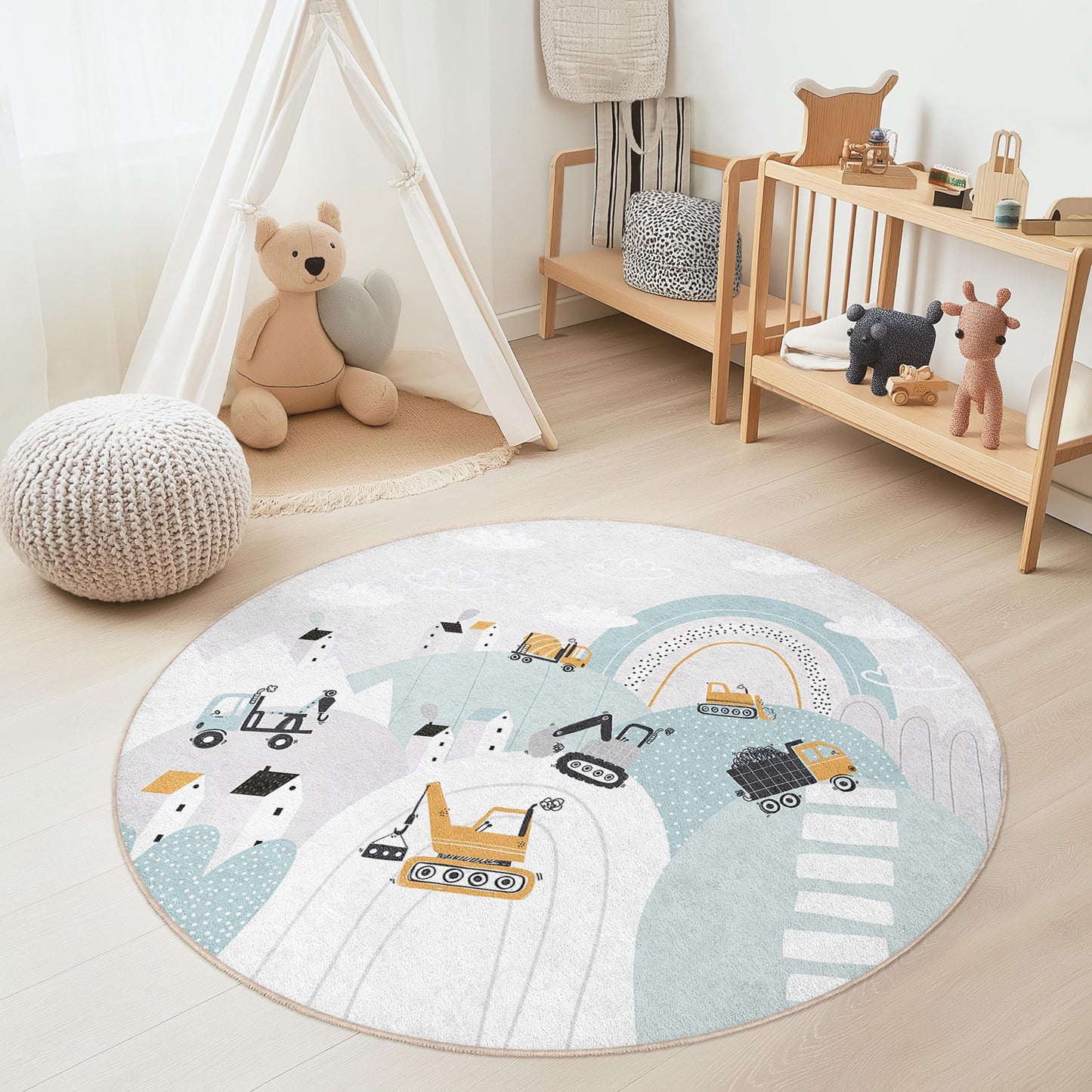Construction Site Kids Rug: Playful Trucks, Soft Playroom Carpet