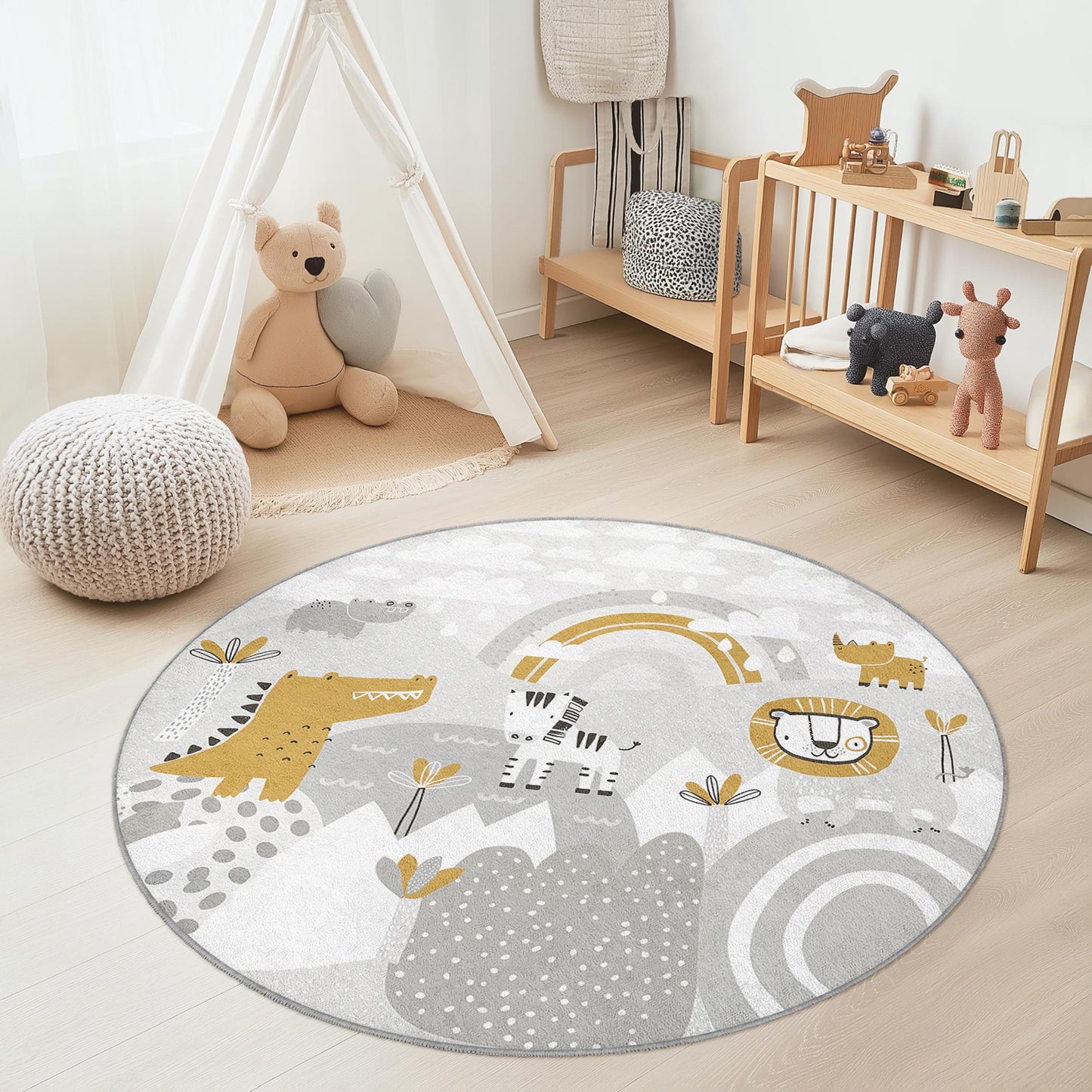 Safari Adventure Kids Rug: Animal Print Play Mat, Jungle Nursery Decor