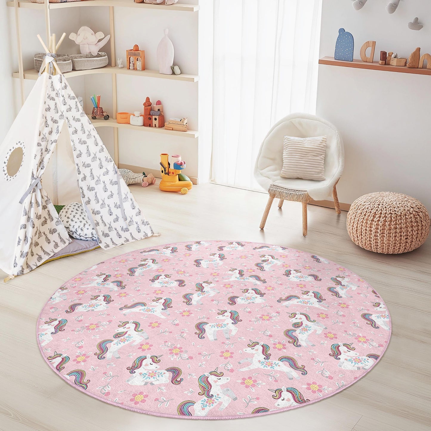 Whimsical Unicorn Kids Rug: Soft Pink Playroom Carpet