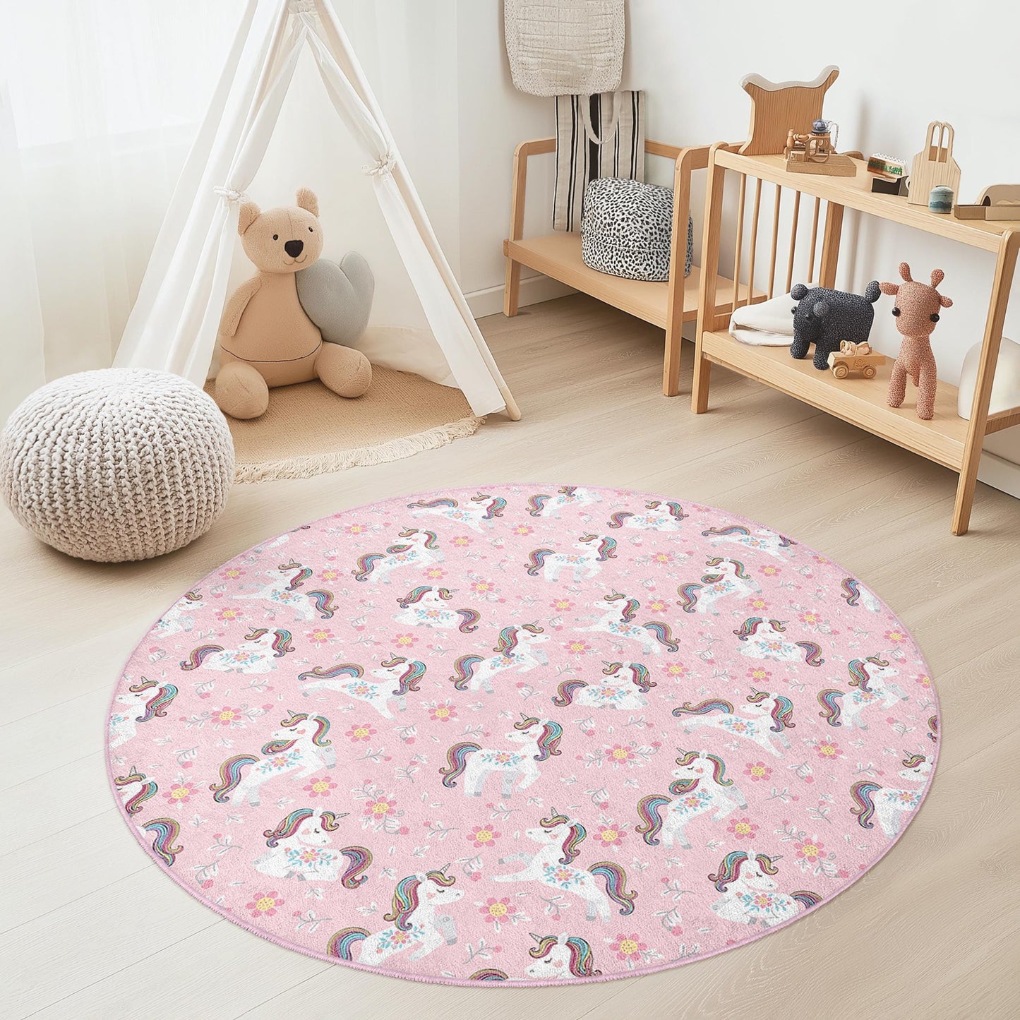 Whimsical Unicorn Kids Rug: Soft Pink Playroom Carpet