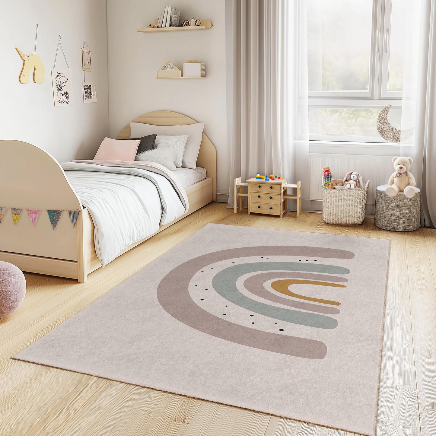 Rainbow Arc Kids Rug: Soft Play Mat, Modern Nursery Decor