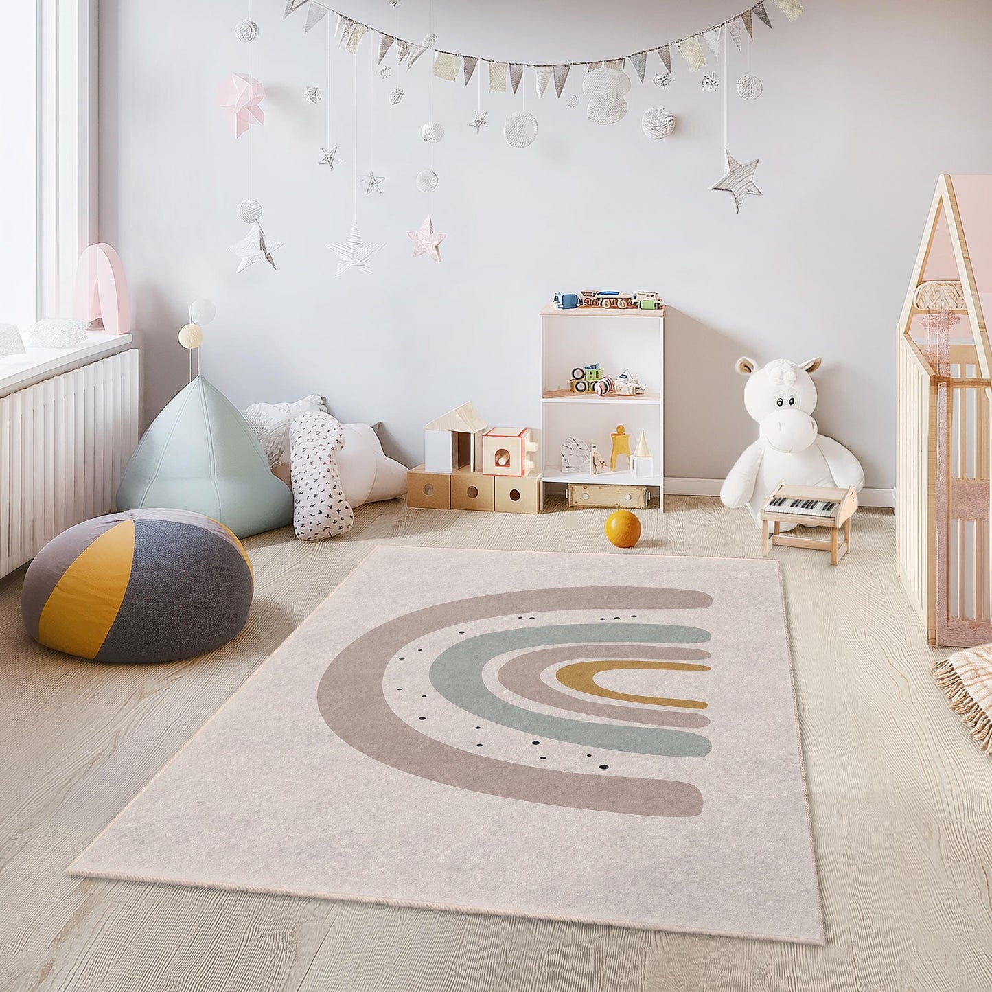 Rainbow Arc Kids Rug: Soft Play Mat, Modern Nursery Decor