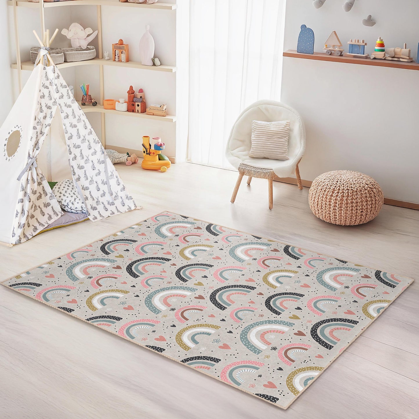 Rainbow Kids Rug: Soft Playroom Nursery Carpet