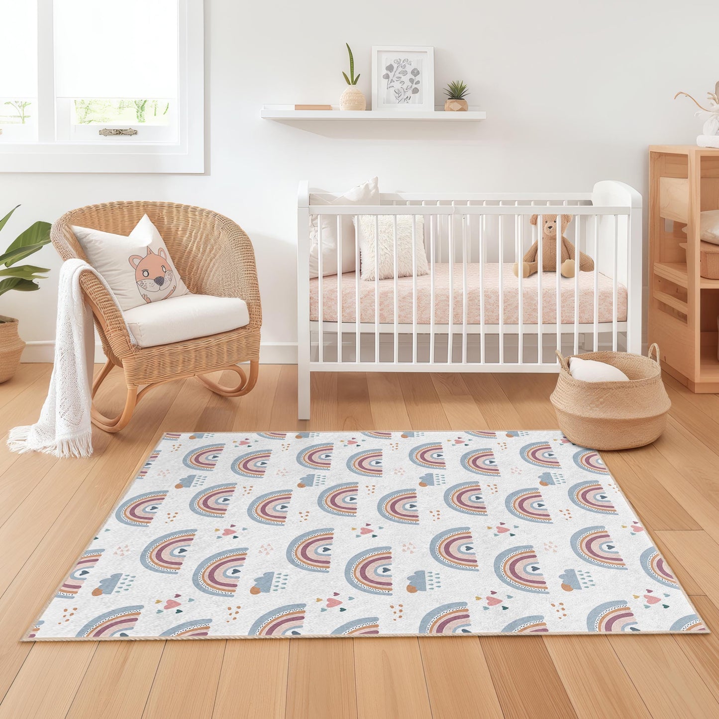 Pastel Rainbow Kids Rug: Soft Playroom Nursery Carpet