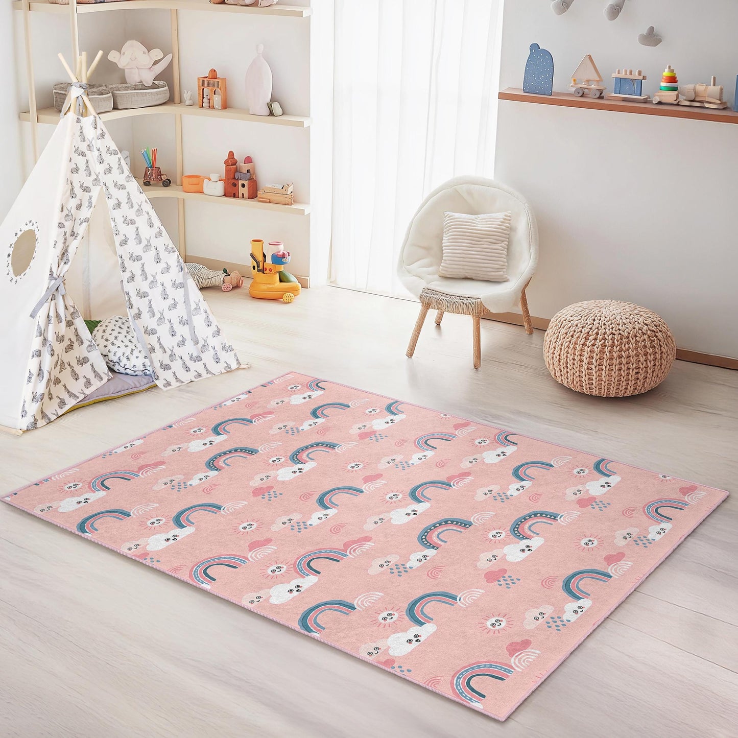 Rainbow Clouds Kids Rug: Pastel Nursery Playroom Carpet