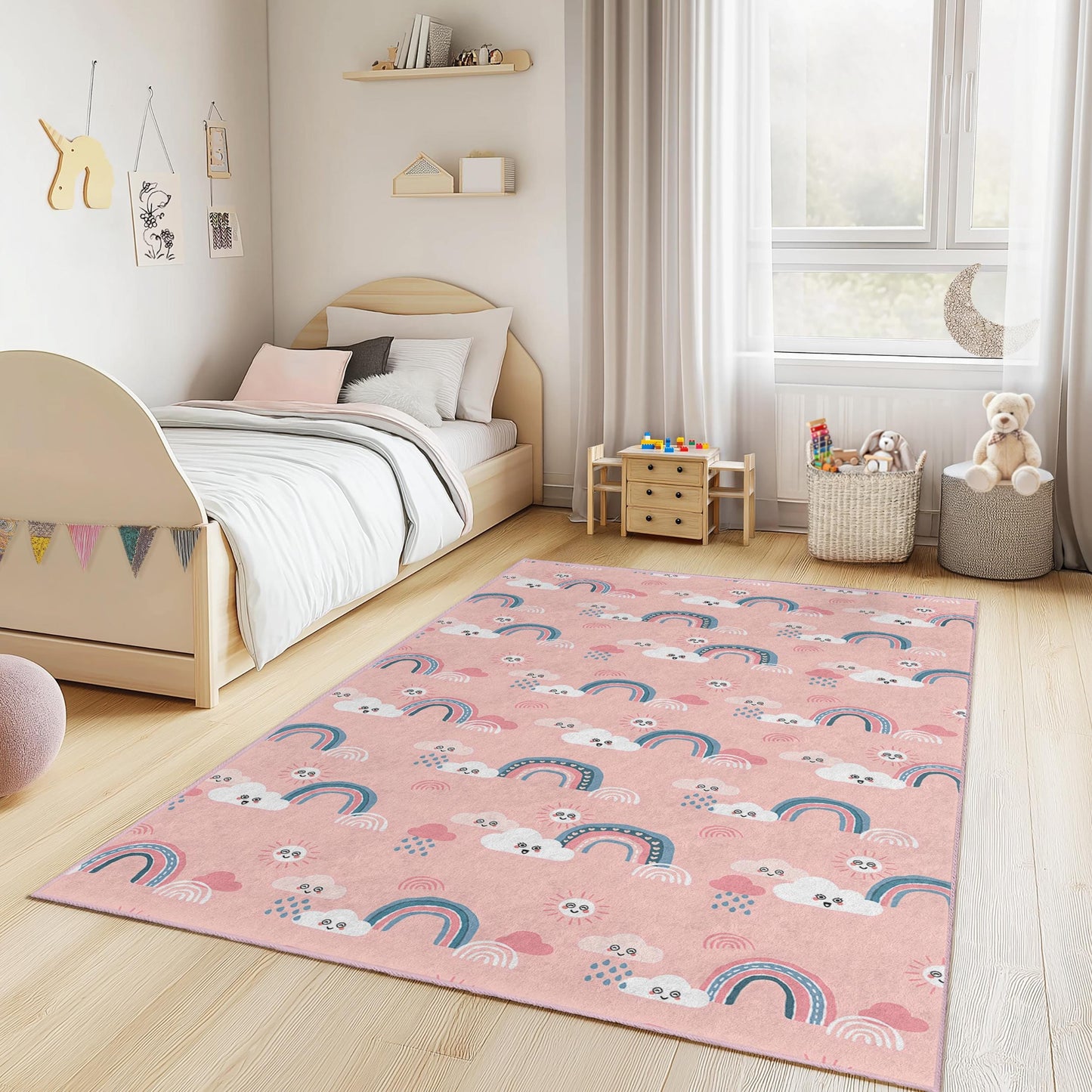 Rainbow Clouds Kids Rug: Pastel Nursery Playroom Carpet