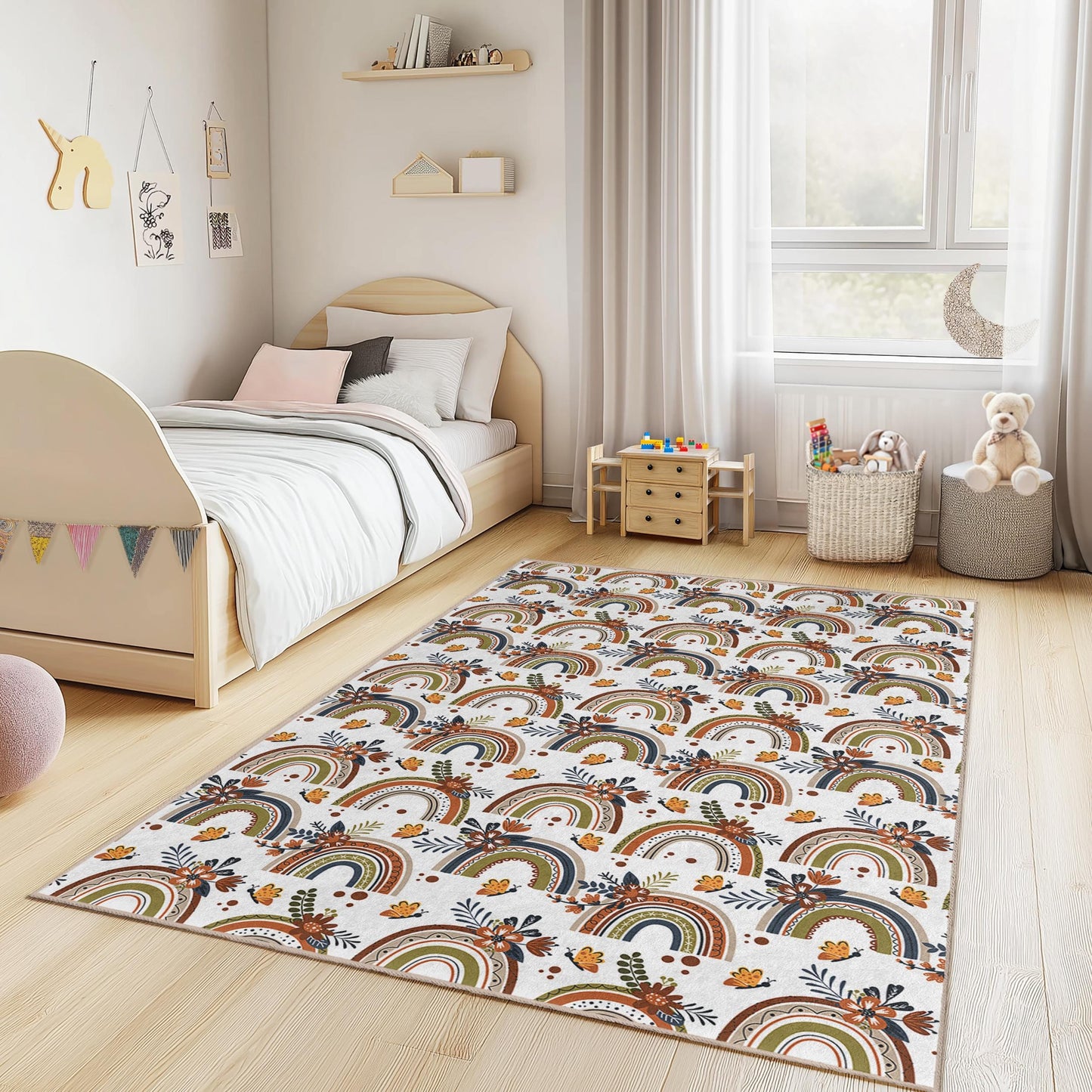 Rainbow Floral Kids Rug: Soft Playroom Nursery Carpet