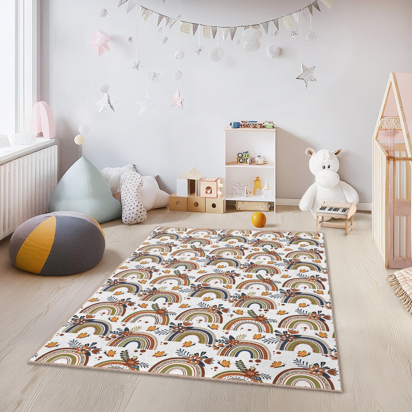 Rainbow Floral Kids Rug: Soft Playroom Nursery Carpet