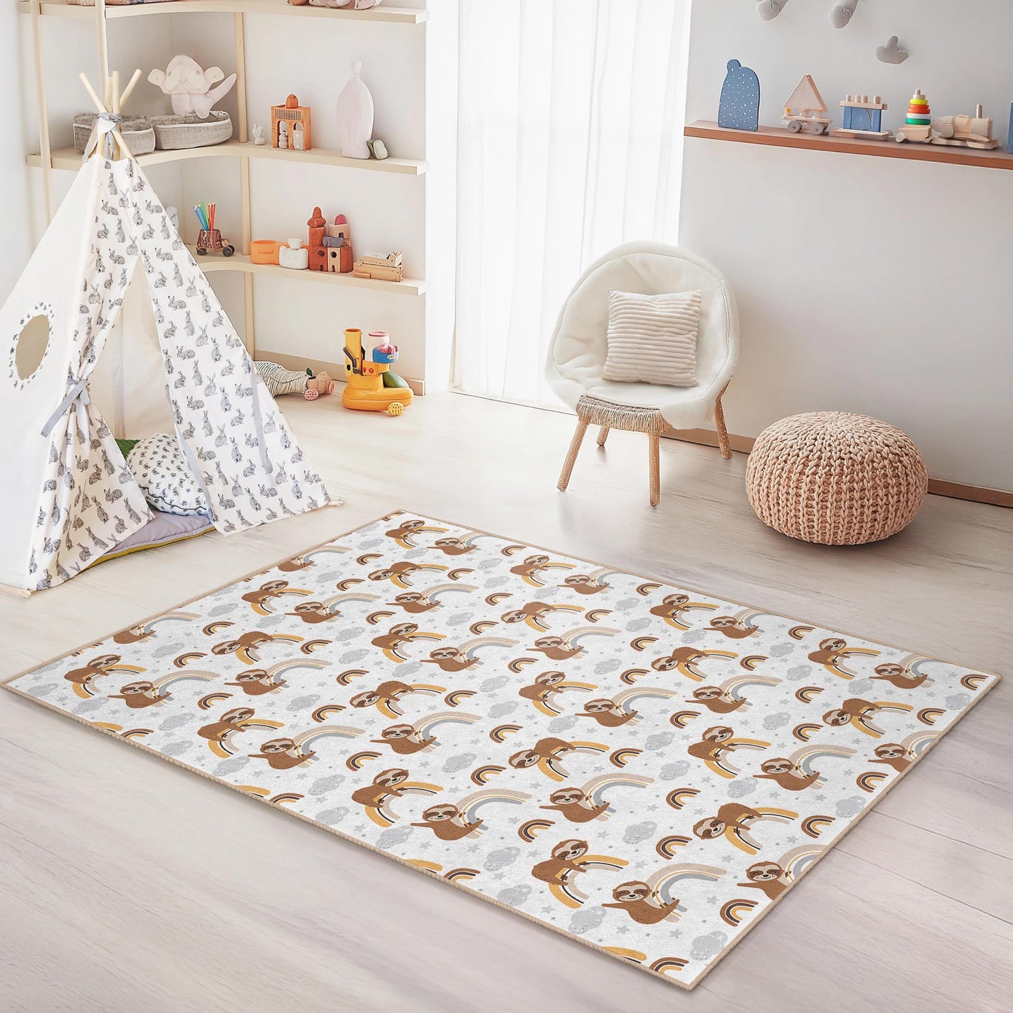 Sloth and Rainbow Kids Rug: Personalized Nursery Decor