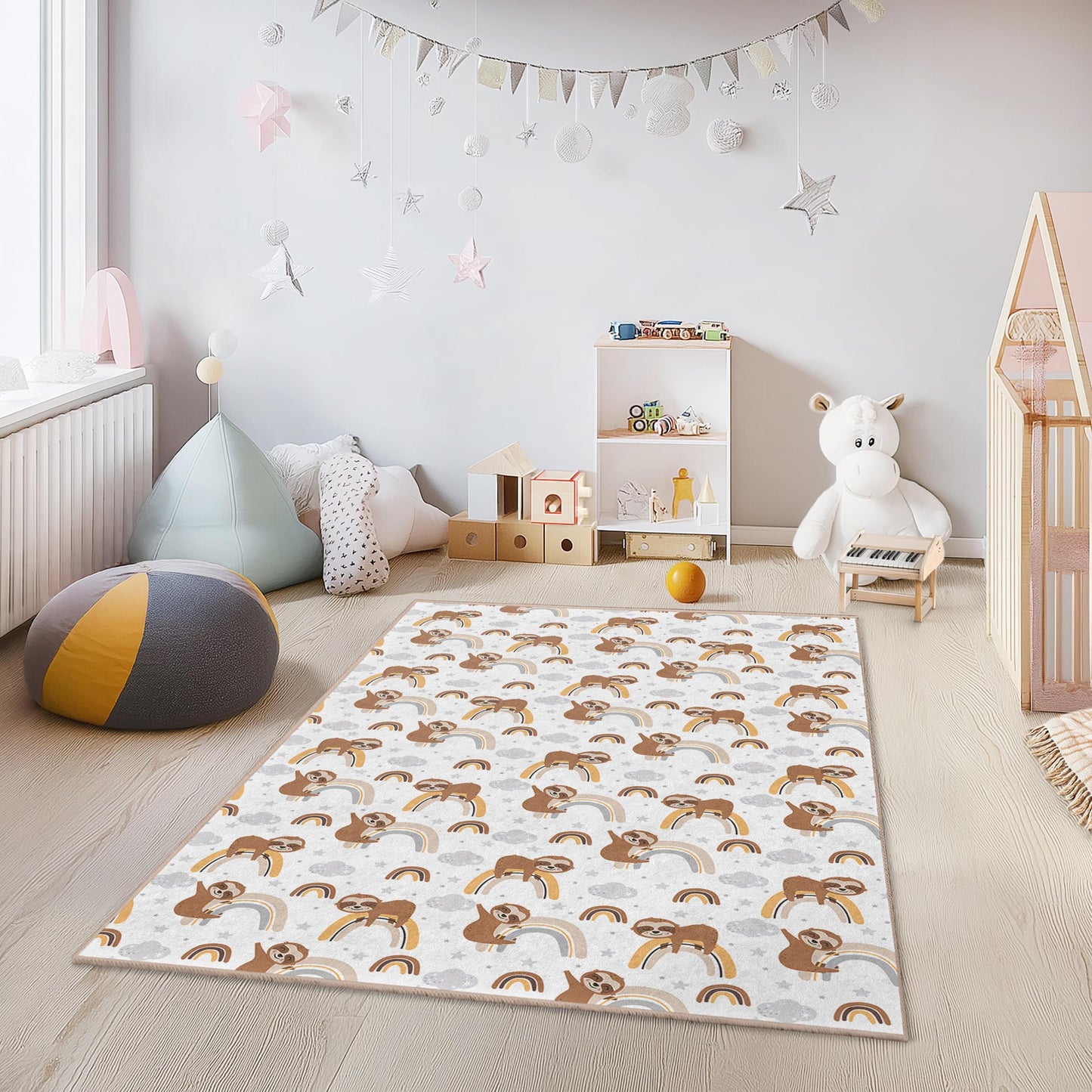 Sloth and Rainbow Kids Rug: Personalized Nursery Decor