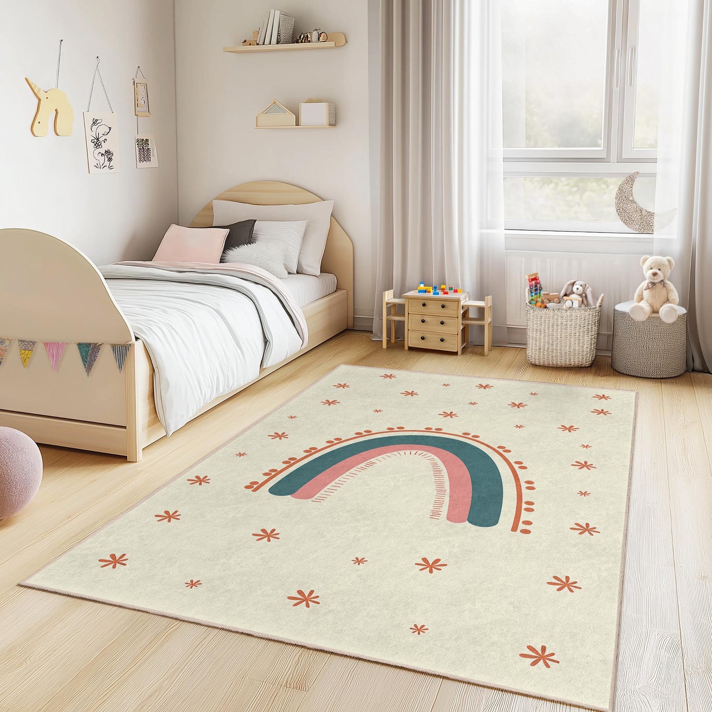 Rainbow Kids Room Rug: Soft Play Mat with Stars