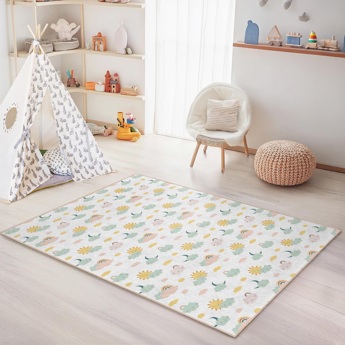 Cloud and Sun Kids Rug: Pastel Nursery Playroom Decor