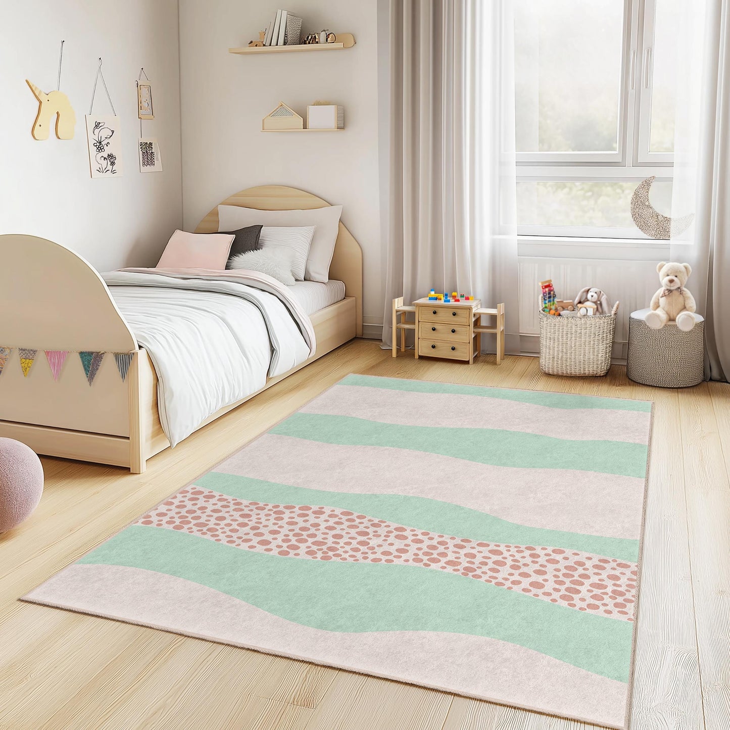 Pastel Waves Kids Rug: Soft Nursery Playroom Carpet