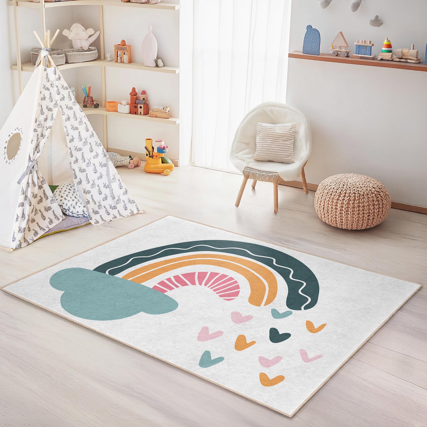 Rainbow Clouds Kids Rug: Colorful Nursery Playroom Carpet