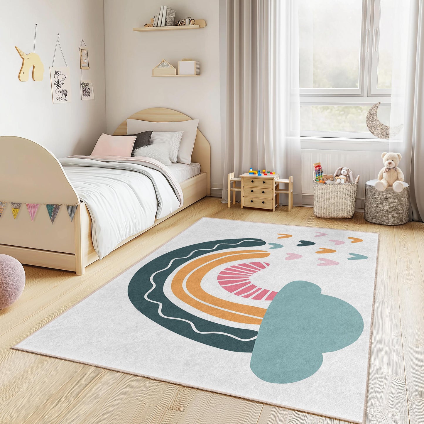 Rainbow Clouds Kids Rug: Colorful Nursery Playroom Carpet