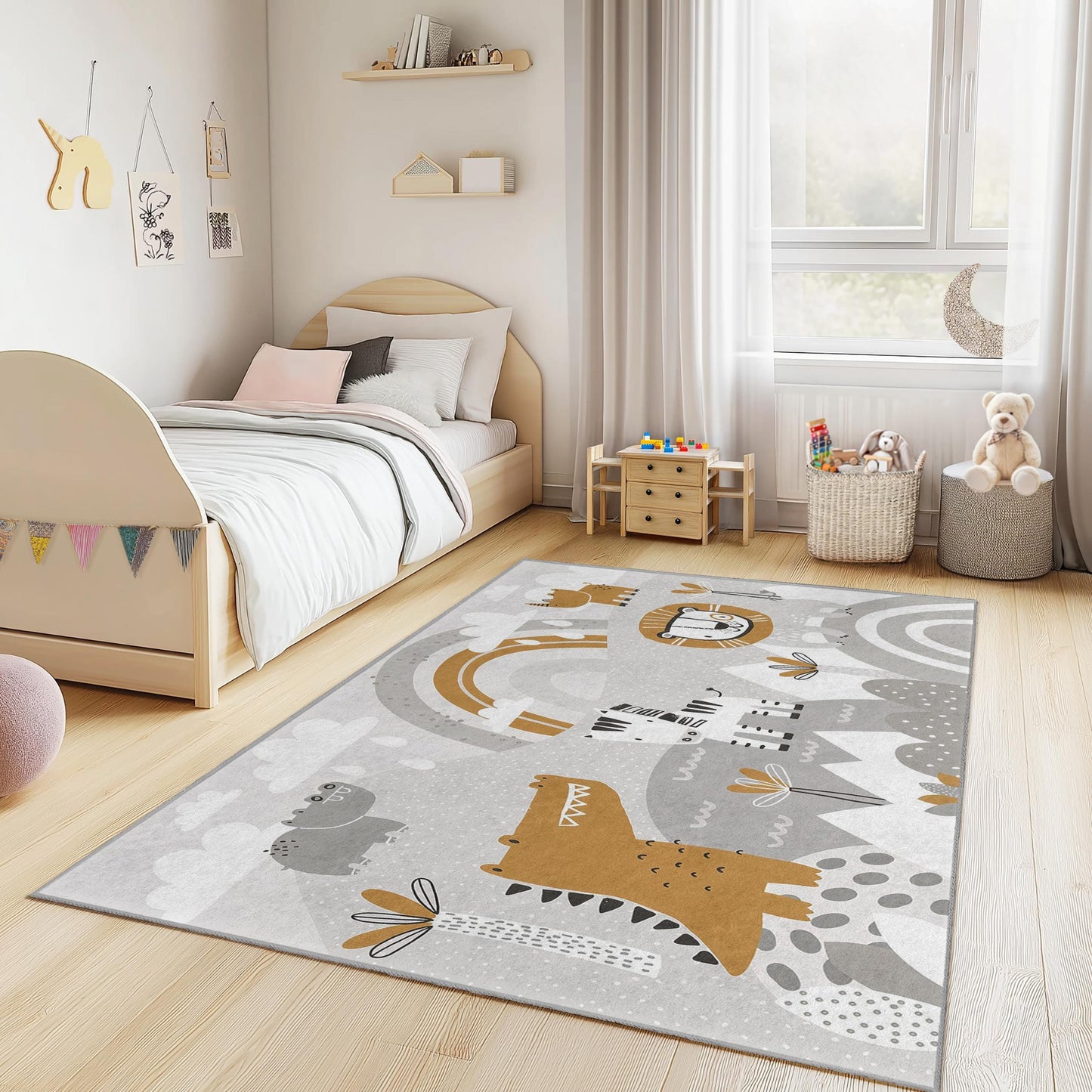 Safari Adventure Kids Rug: Playroom Animal Print, Soft & Safe