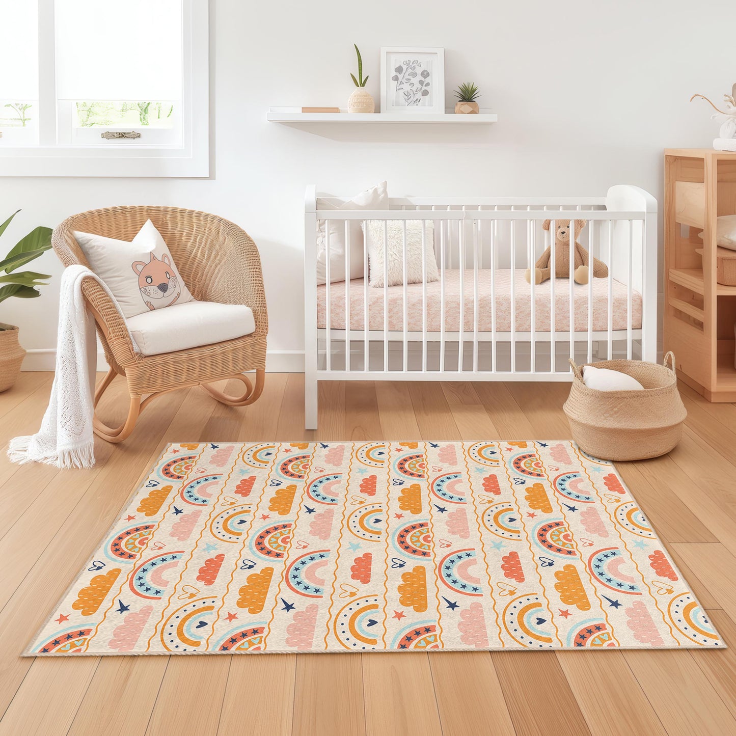 Rainbow Clouds Kids Rug: Soft Nursery Playroom Carpet