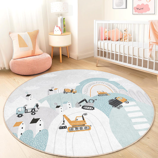 Construction Site Kids Rug: Playful Trucks, Soft Playroom Carpet