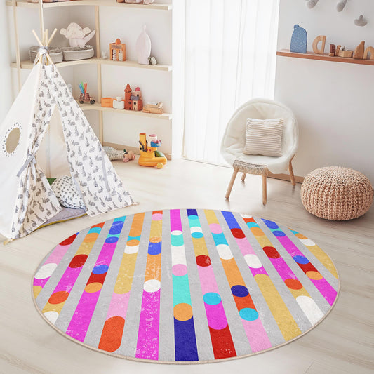 Colorful Striped Circle Kids Rug, Fun Playroom Carpet, Round Area Rug for Children, Decorative Play Mat, Nursery Decor