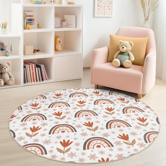 Colorful Rainbow Floral Round Kids Rug, Playful Nursery Decor, Soft Round Carpet for Children, Flower Pattern Play Mat