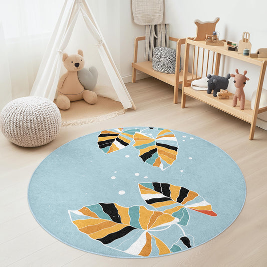 Whimsical Leaf Pattern Round Kids Rug, Vibrant Floral Area Rug, Round Playroom Carpet, Soft Nursery Decor, Playful Kids Room Rug