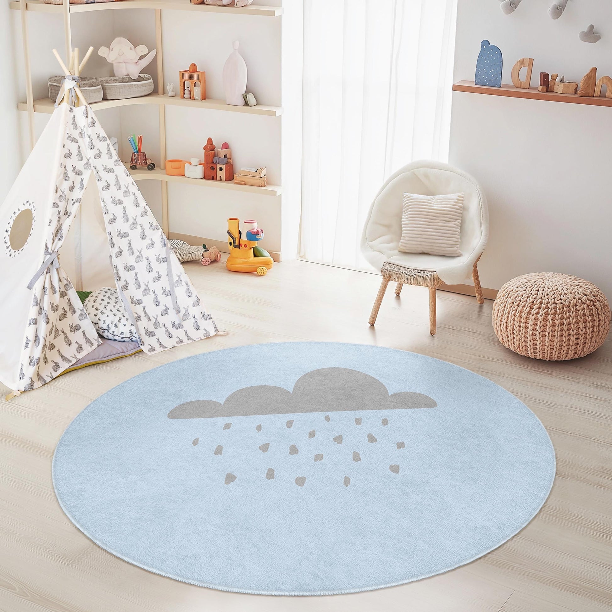 Cloudy Day Round Kids Rug, Cute Rain Cloud Play Mat, Nursery Decor, Soft Round Rug for Kids Room, Playroom Carpet