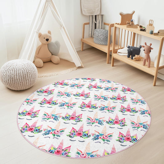 Whimsical Floral Unicorn Round Kids Rug, Unicorn Play Mat, Cute Nursery Decor, Soft Round Carpet for Children's Room, Playroom Rug