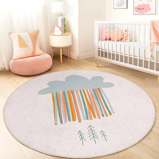 Playful Cloud Rain Round Kids Rug, Cute Nursery Decor, Soft Play Mat for Children's Room, Colorful Kids Area Rug, Baby Room Carpet