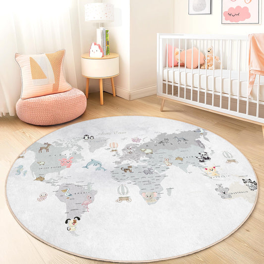 Cute Animal World Map Round Rug, Kids Playroom Decor, Nursery Area Rug, Soft Play Mat for Children, Educational Kids Rug