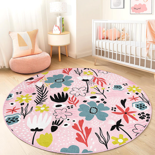 Floral Pattern Round Kids Area Rug, Pink Flower Playroom Carpet, Soft Nursery Rug, Boho Kids Room Decor, Cute Round Rug