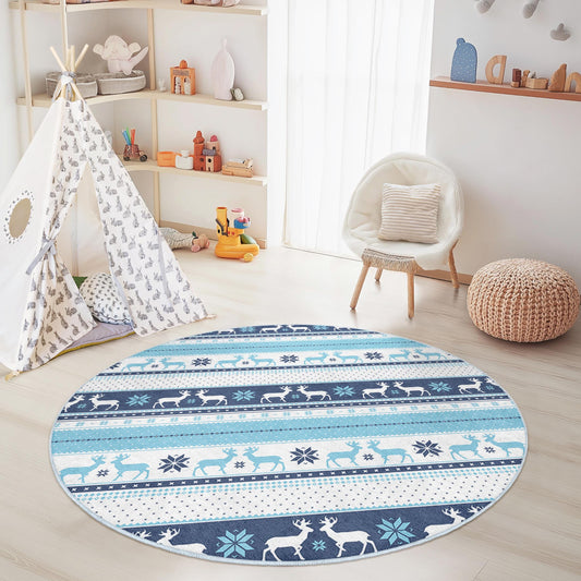 Winter Wonderland Round Kids Rug, Snowflake Pattern Play Mat, Blue Reindeer Rug, Soft Nursery Decor, Cozy Playroom Carpet