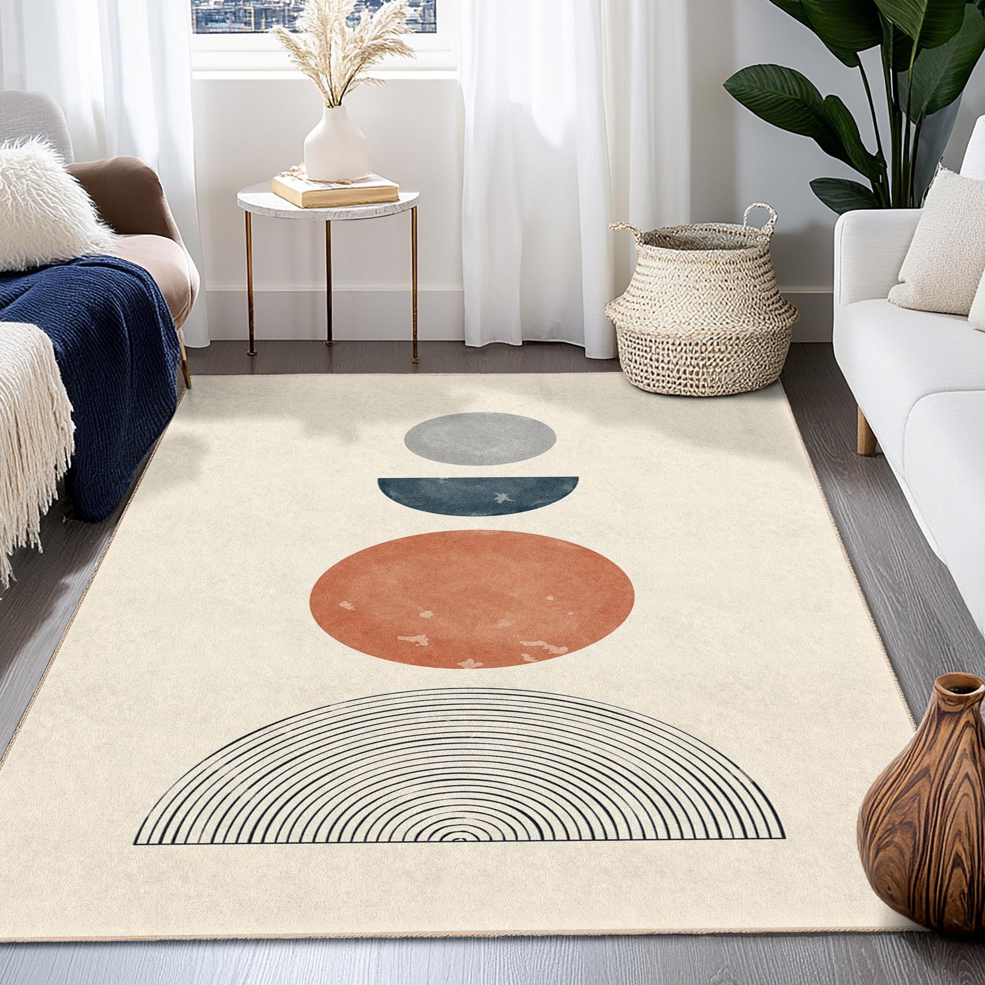 Geometric Circle Pattern Rectangular Area Rug, Modern Abstract Design Rug, Soft Indoor Carpet for Living Room, Bedroom Decor