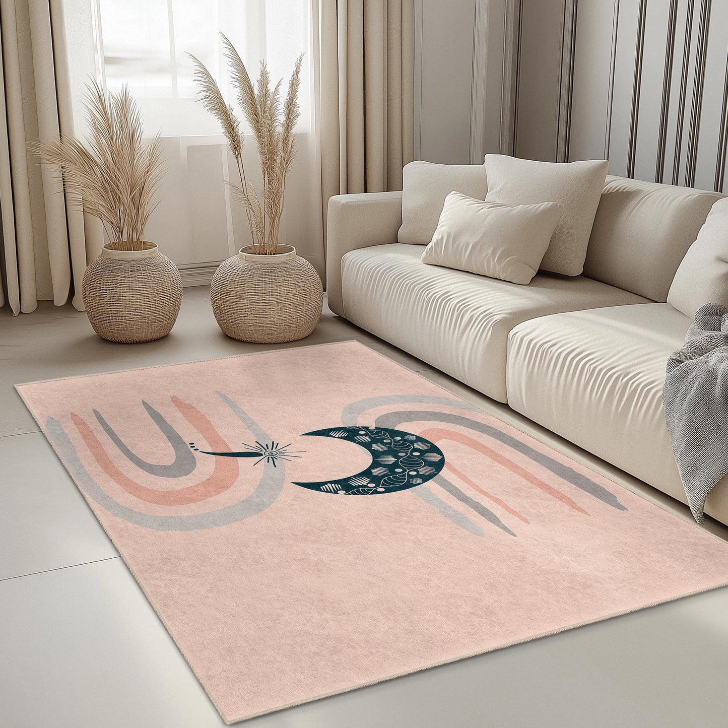 Abstract Moon and Rainbow Rectangular Area Rug, Modern Floor Mat, Decorative Home Rug, Boho Chic Rug for Living Room