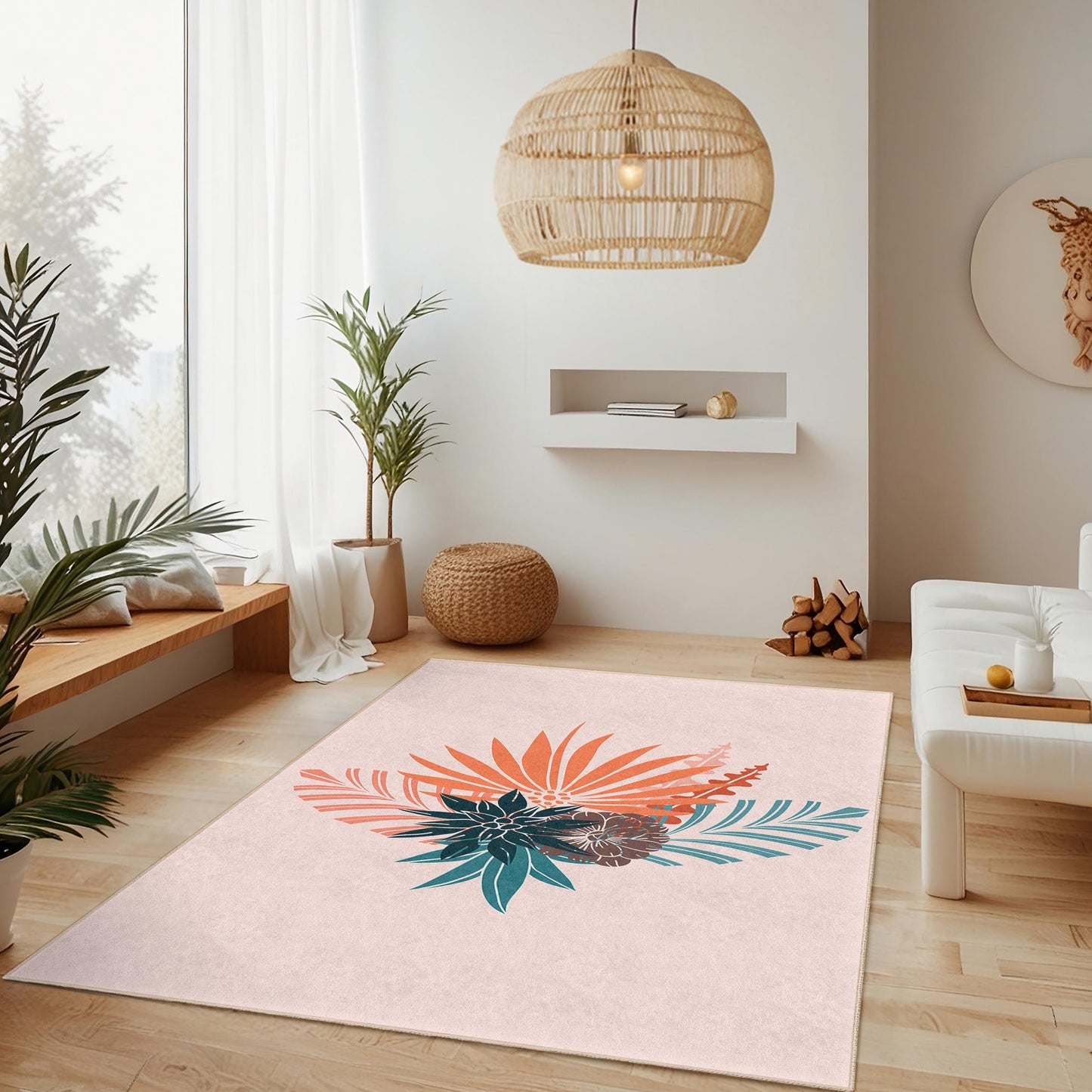 Tropical Floral Rectangular Area Rug, Modern Boho Decor, Indoor Living Room Carpet, Botanical Design Rug, Home Decoration