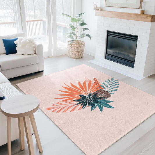 Tropical Floral Rectangular Area Rug, Modern Boho Decor, Indoor Living Room Carpet, Botanical Design Rug, Home Decoration