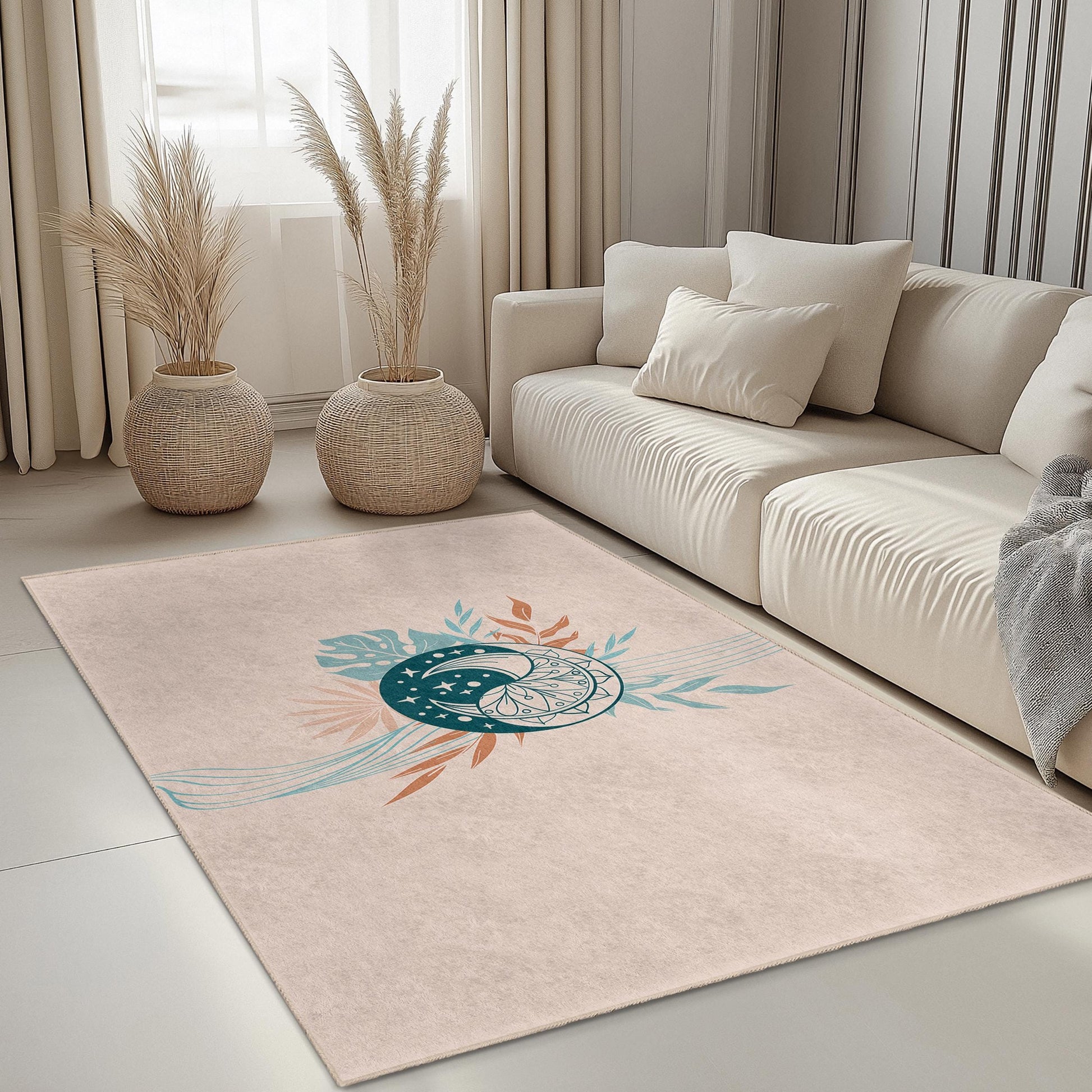 Boho Chic Rectangular Area Rug, Floral Design Carpet, Modern Home Decor, Living Room Rug, Bedroom Mat, Stylish Home Accessory
