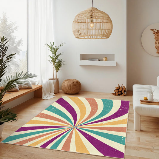 Colorful Swirl Pattern Rectangular Rug, Vibrant Retro Design Area Rug, Modern Living Room Carpet, Unique Home Decor