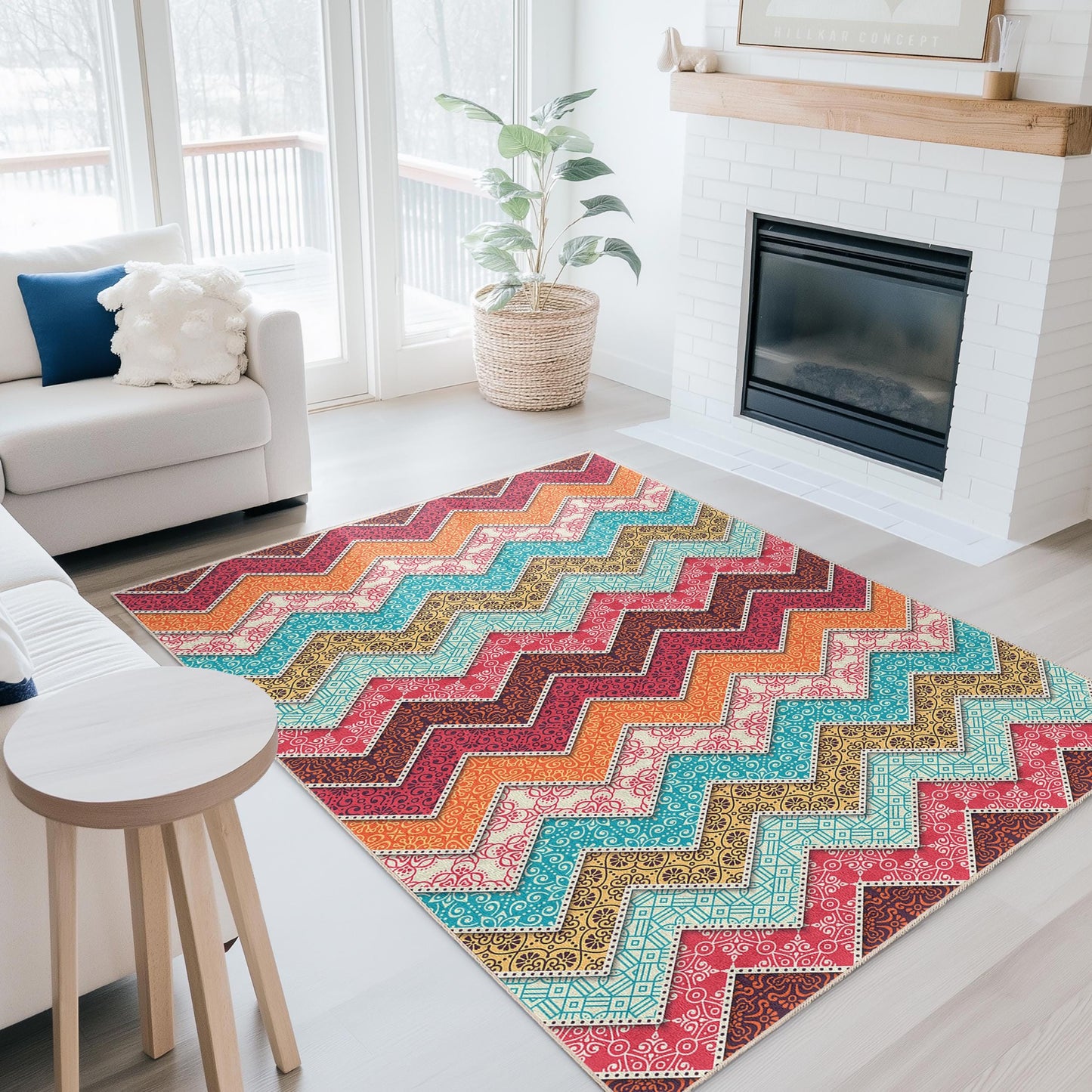 Vibrant Zigzag Pattern Rectangle Area Rug, Colorful Geometric Design Rug, Modern Living Room Carpet, Stylish Home Decor